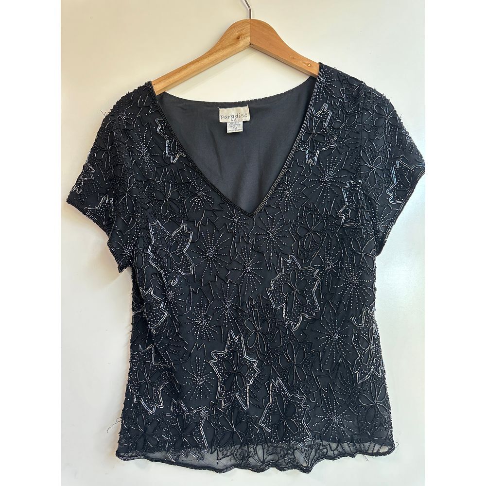 Paradise NY Vintage Silk Top Black XL Beaded Formal Wear Cocktail Party Goth - Picture 7 of 10